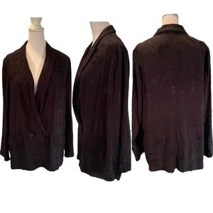 Zara Jacquard Navy Blue Floral Double Breasted Long Silky Blazer Size Medium